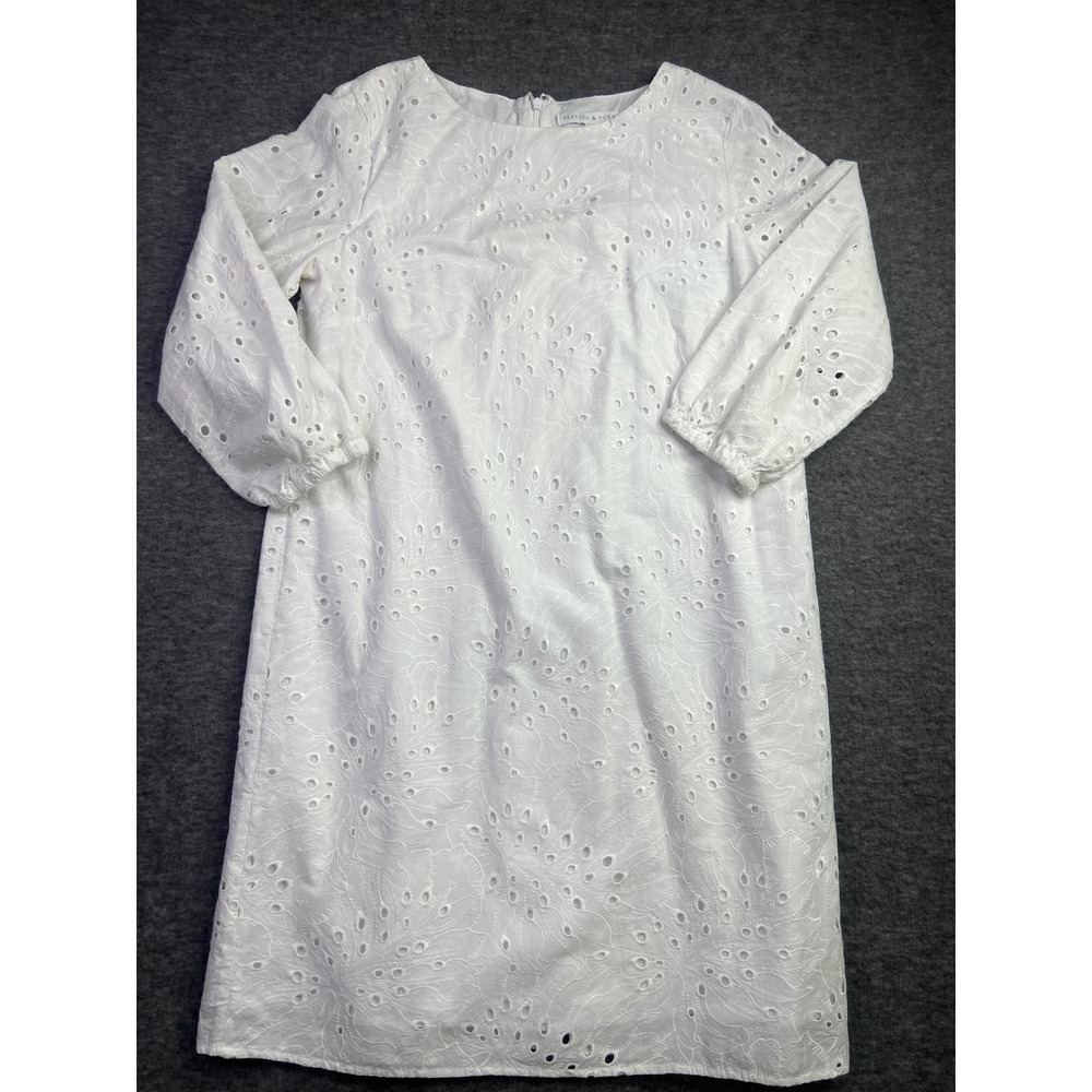 Preston & York Womens White Eyelet Shift Dress Long Sleeve Cotton 10 - Picture 1 of 12